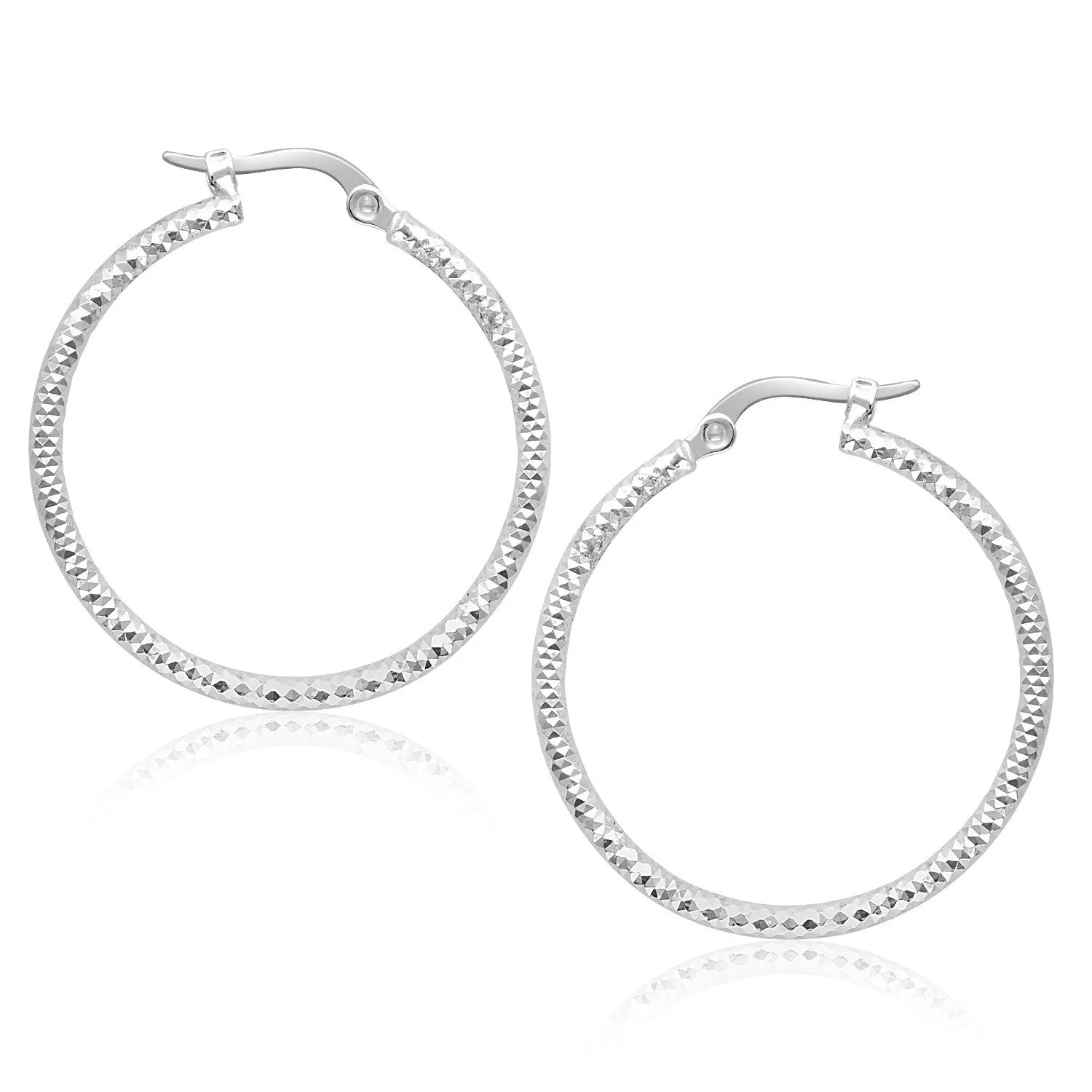 14k White Gold Tube Textured Round Hoop Earrings-rx16434