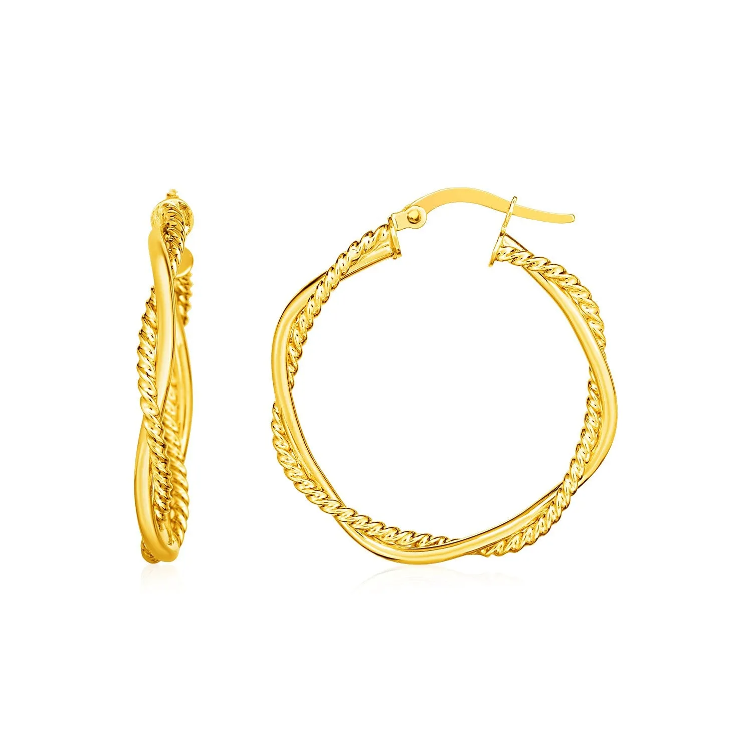 14k Yellow Gold Two Part Textured Twisted Round Hoop Earrings-rx65634