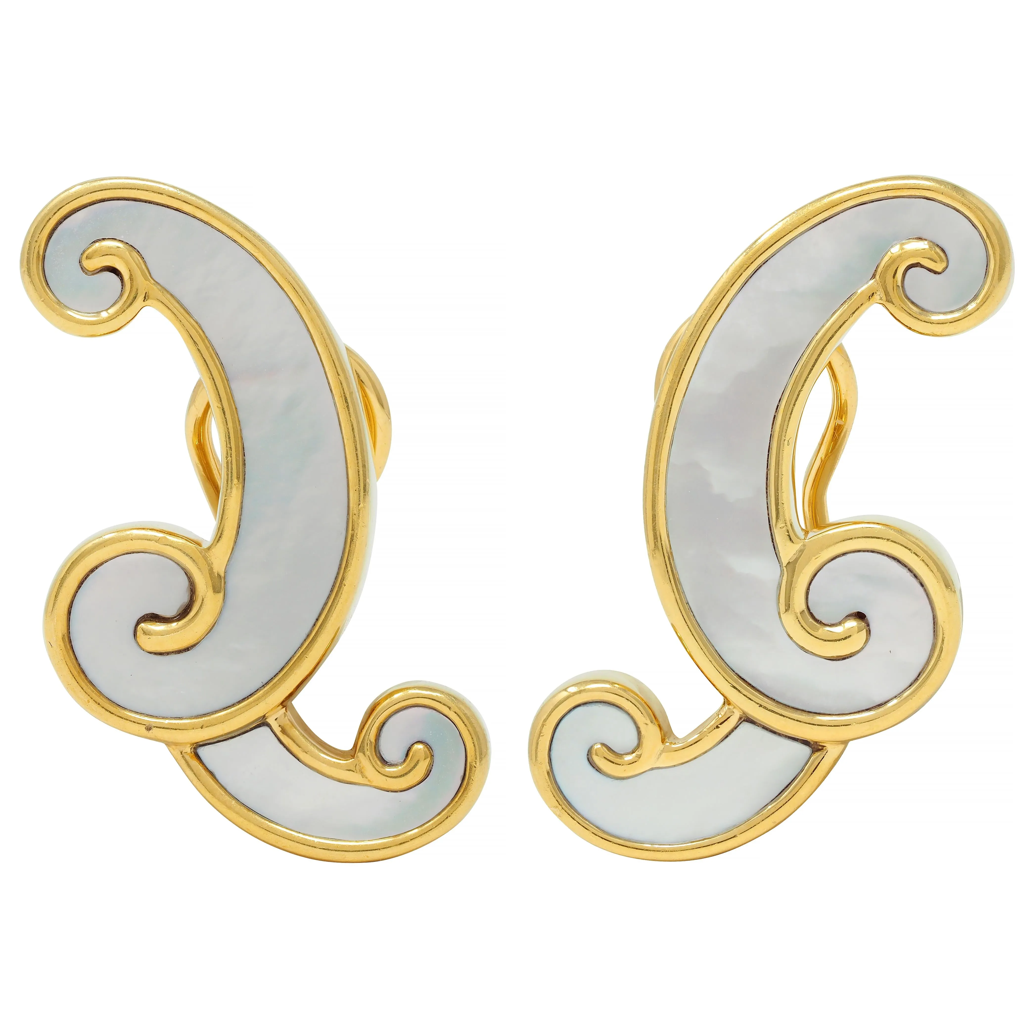 Angela Cummings 1980s Mother-Of-Pearl 18 Karat Yellow Gold Inlay Scroll Ear-Clip Earrings