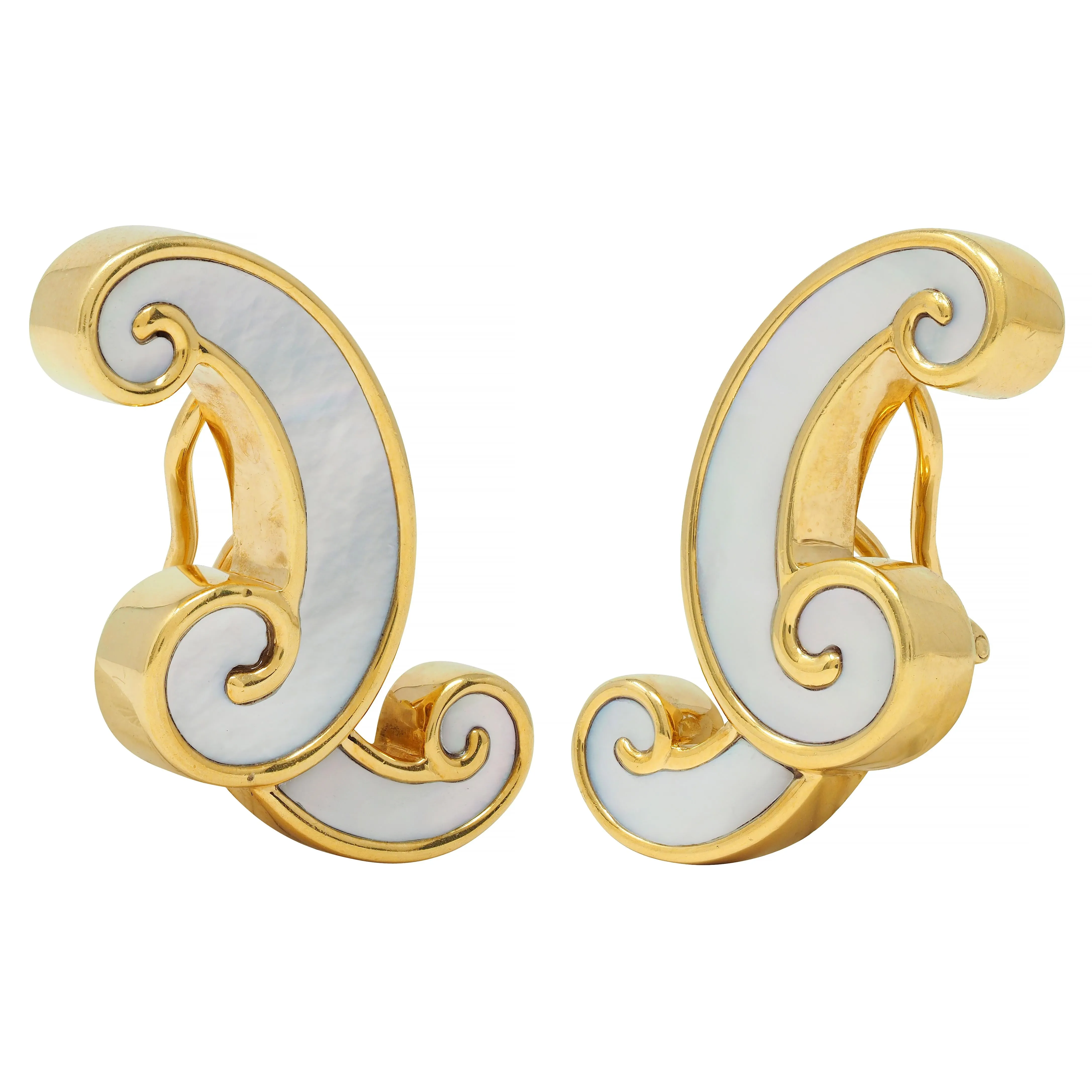 Angela Cummings 1980s Mother-Of-Pearl 18 Karat Yellow Gold Inlay Scroll Ear-Clip Earrings