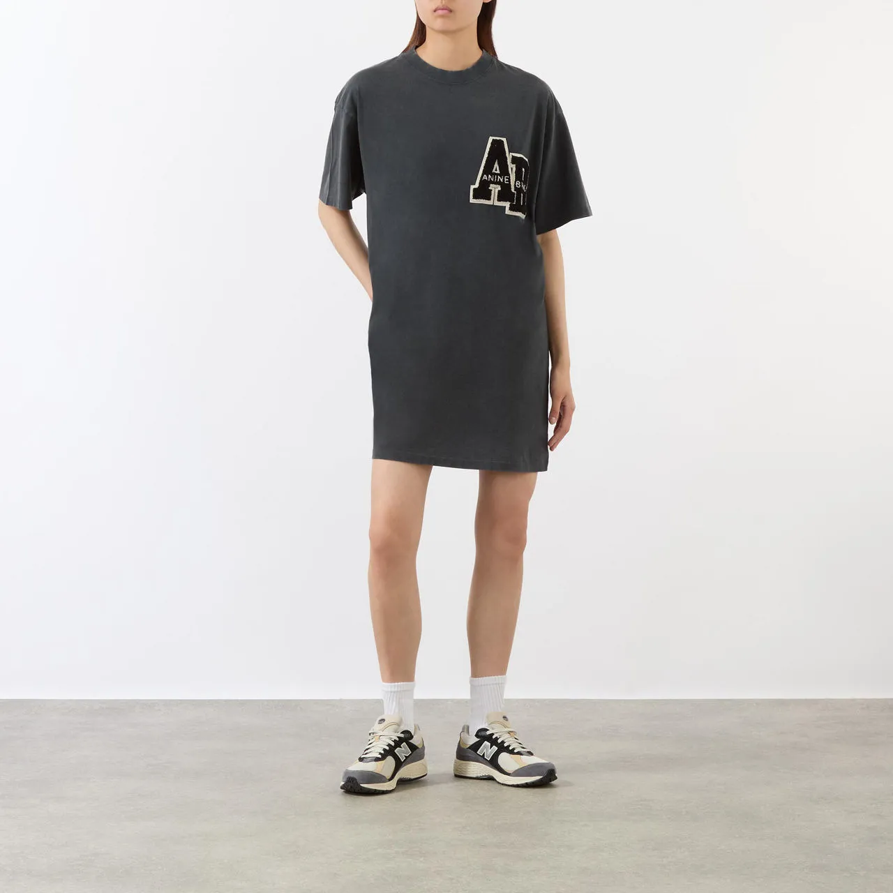 ANINE BING Beth Letterman T-Shirt Dress - Black