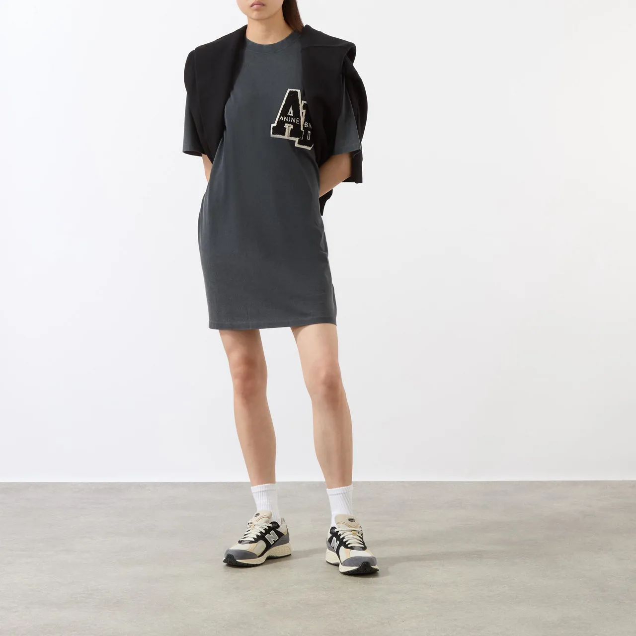 ANINE BING Beth Letterman T-Shirt Dress - Black