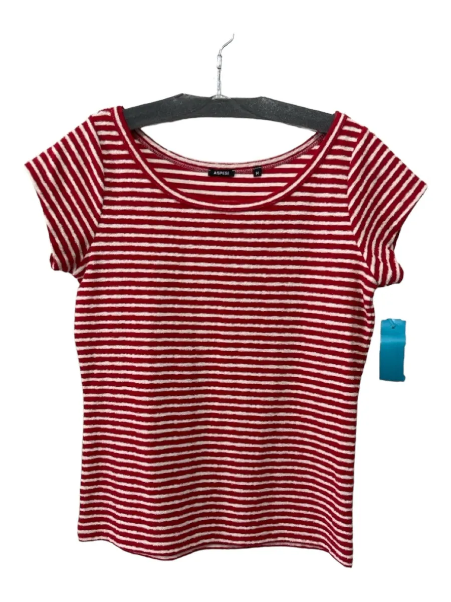 Aspesi Size M Red & White Cotton Textured Striped Cap Sleeve Scoop neck Top