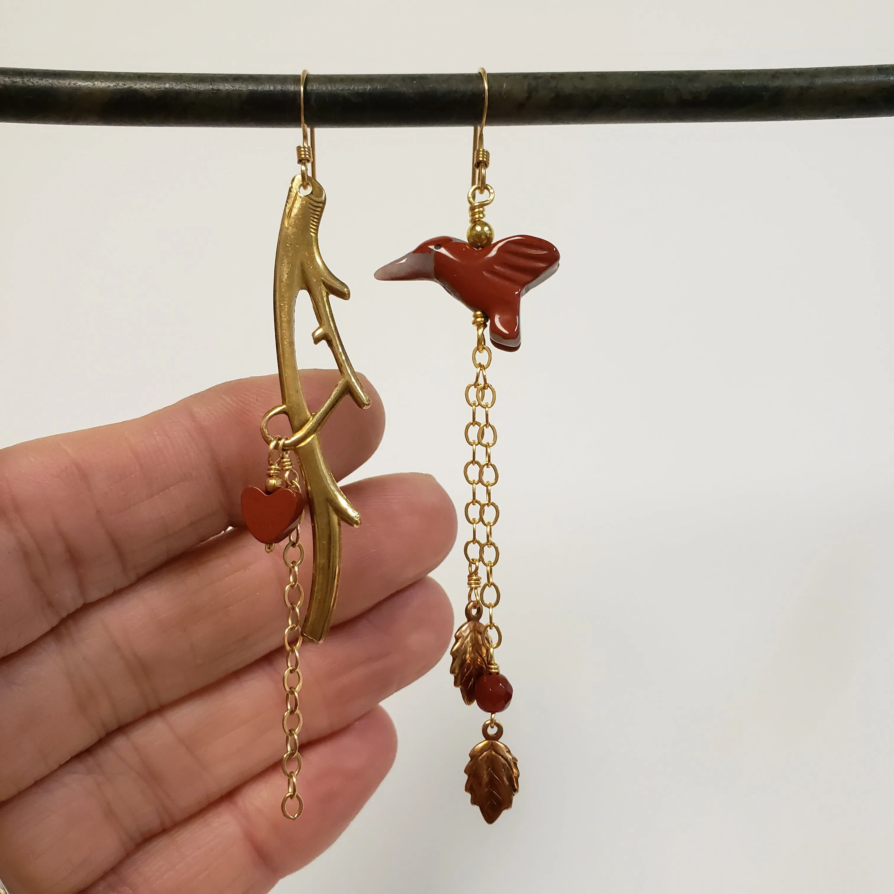 Asymmetric Twig Y Stone Bird Earrings - Mahogany Jasper