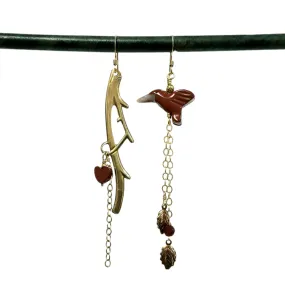 Asymmetric Twig Y Stone Bird Earrings - Mahogany Jasper