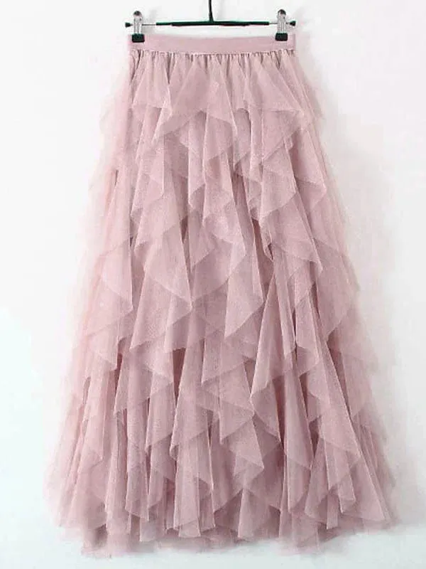 Asymmetrical Layered Swing Tulle Maxi Skirt for Women