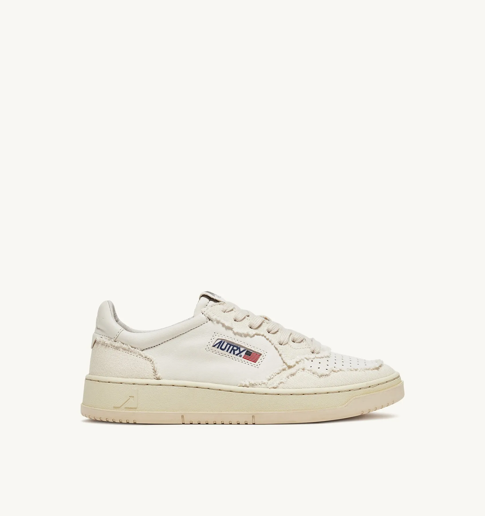 AUTRY SNEAKERS WOMAN  MEDALIST LOW SNEAKERS IN SOFT GOATSKIN AND FRAYED CANVAS COLOR WHITE AND IVORY WHITE