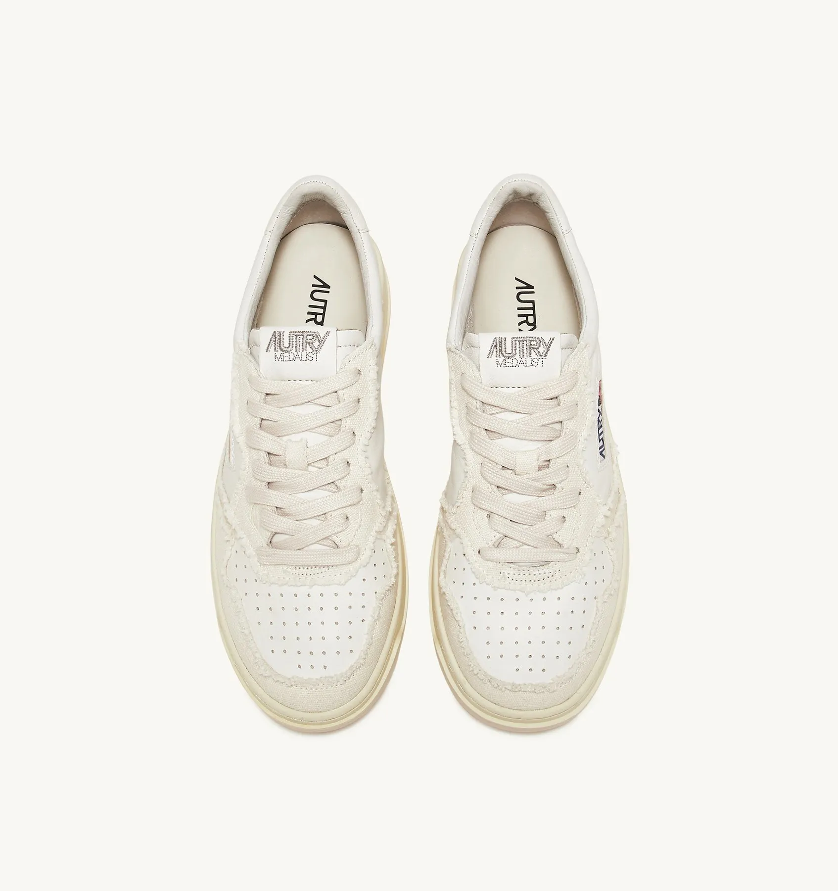 AUTRY SNEAKERS WOMAN  MEDALIST LOW SNEAKERS IN SOFT GOATSKIN AND FRAYED CANVAS COLOR WHITE AND IVORY WHITE