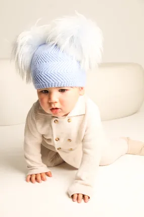 Baby Blue Double Raccoon Fur Pom Pom Hat