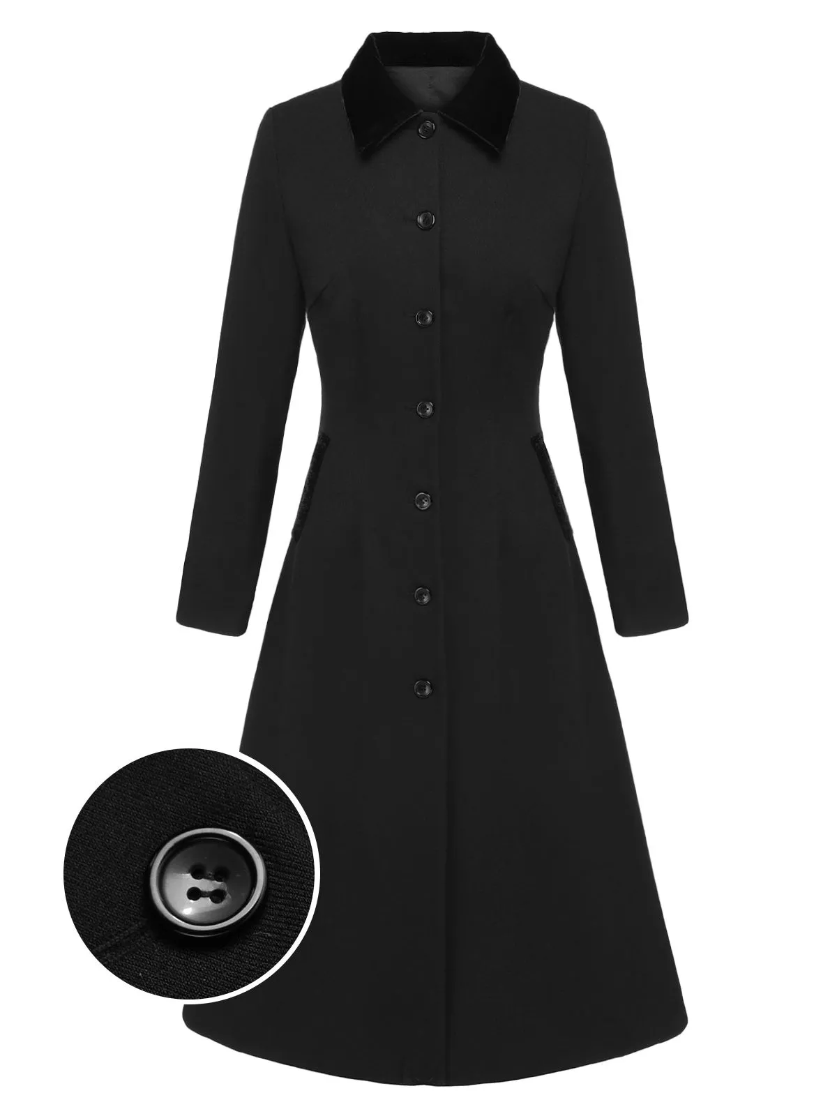 Black 1940s Solid Button Down Collar Lapel Coat