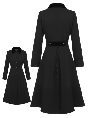 Black 1940s Solid Button Down Collar Lapel Coat