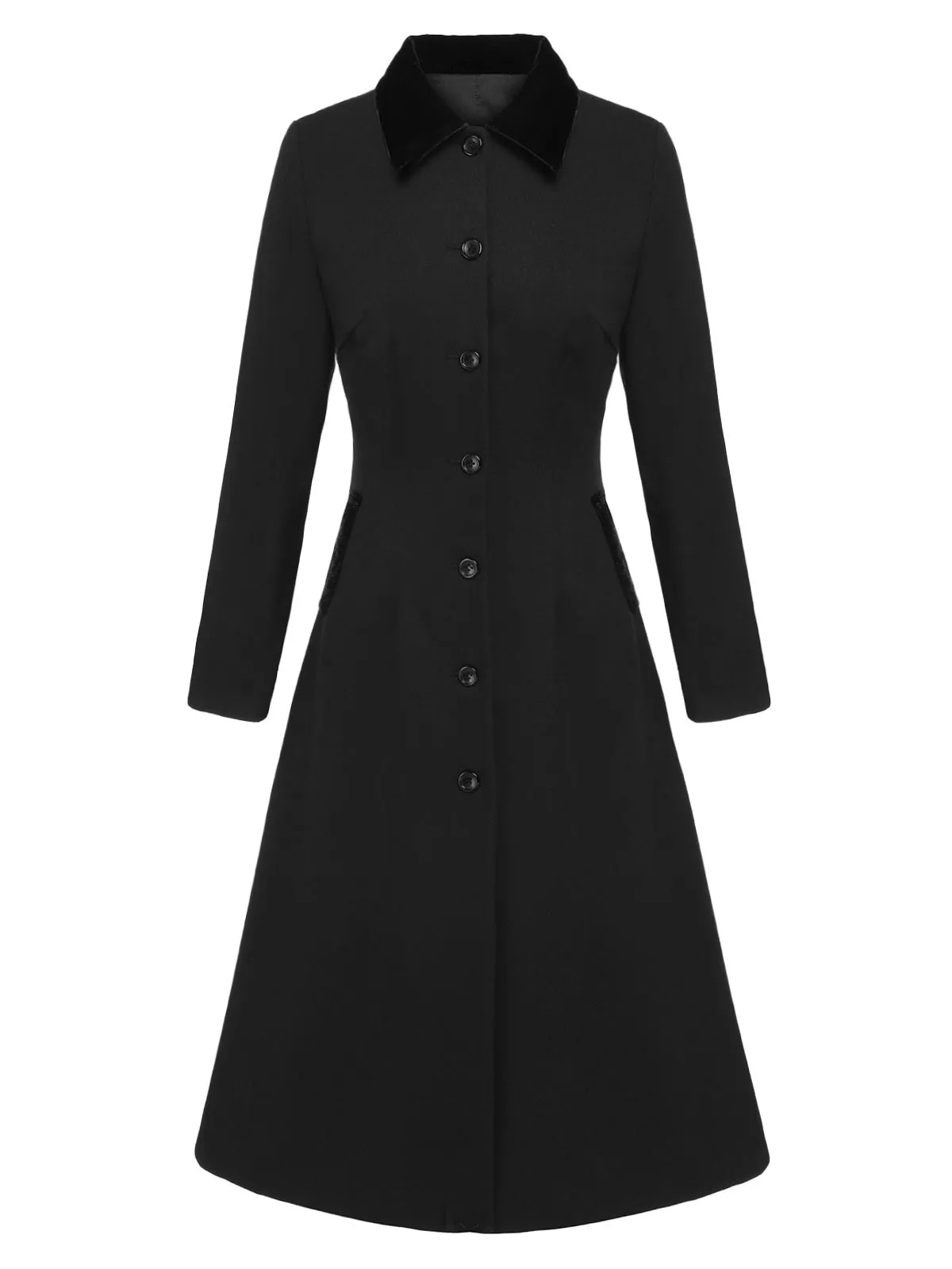 Black 1940s Solid Button Down Collar Lapel Coat