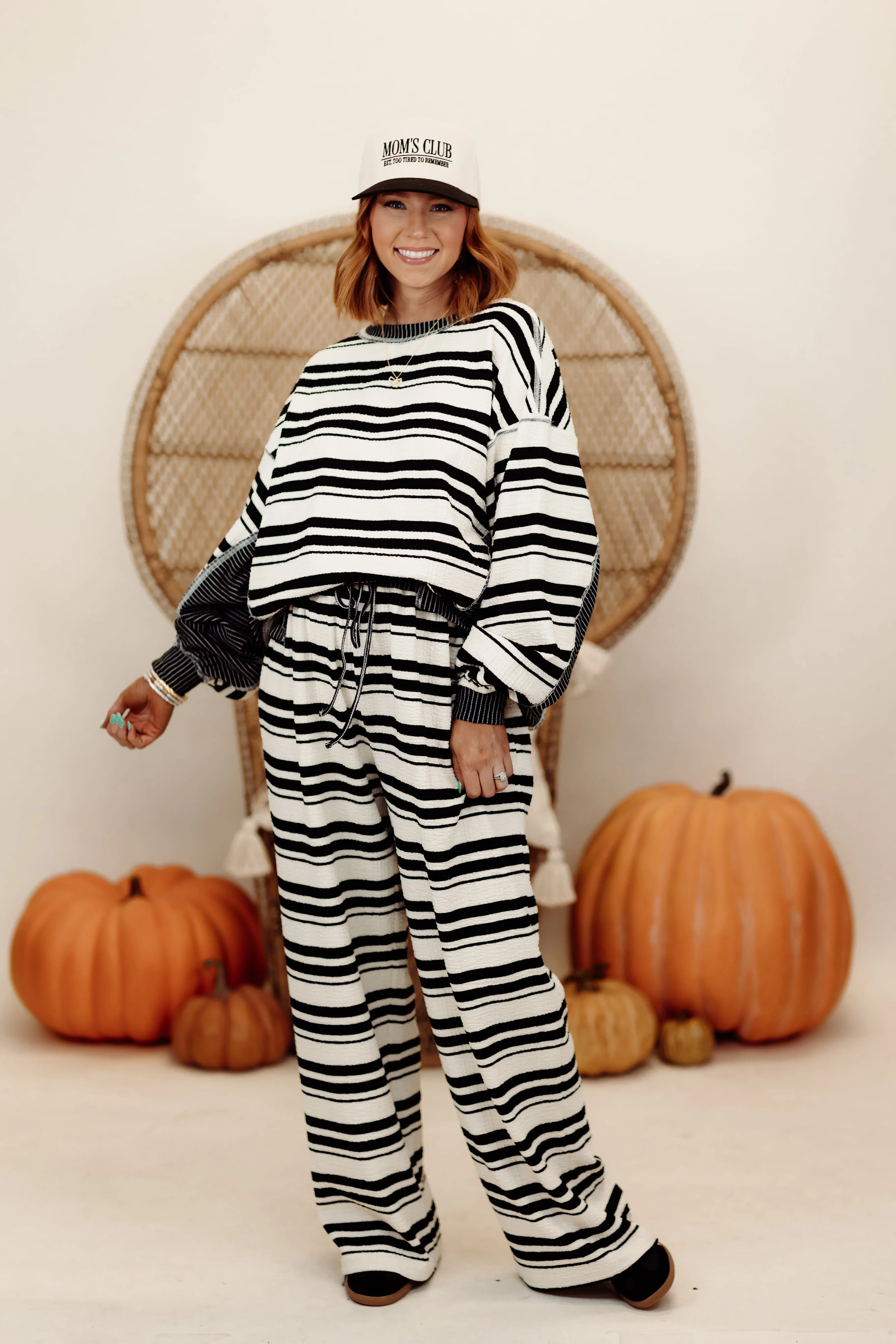 Black and Cream Mixed Stripe Pullover and Wide Leg Pant Set