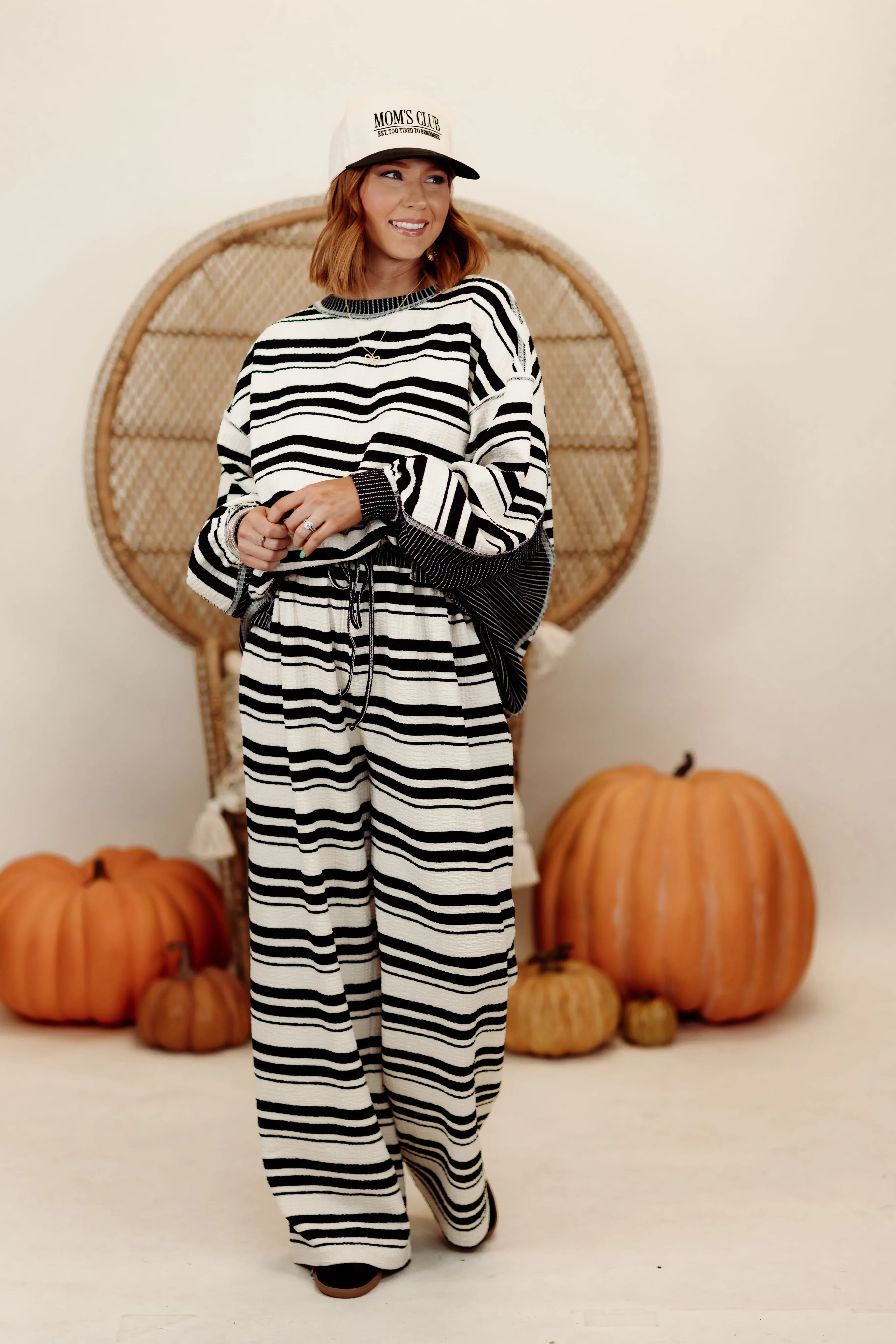 Black and Cream Mixed Stripe Pullover and Wide Leg Pant Set