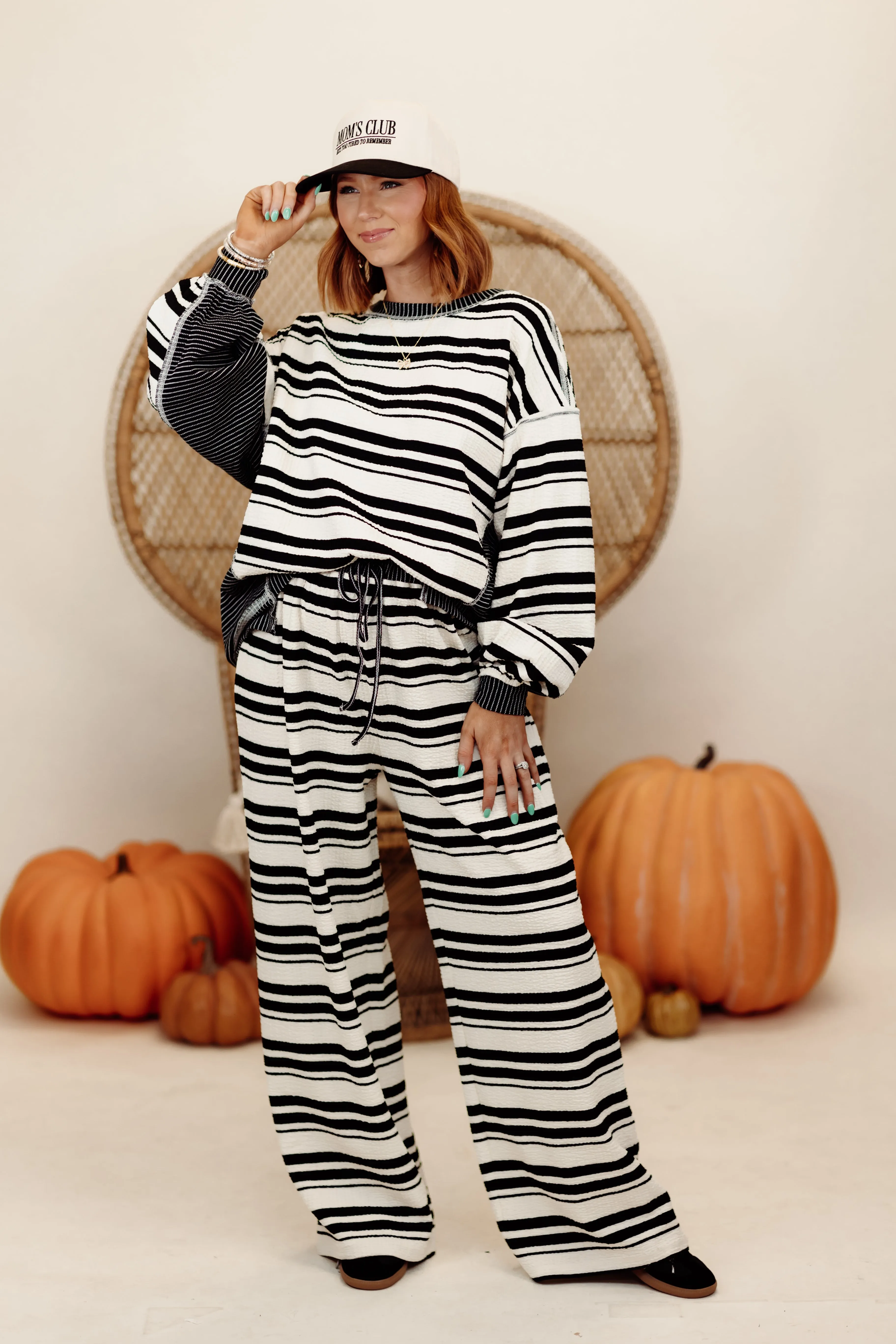 Black and Cream Mixed Stripe Pullover and Wide Leg Pant Set