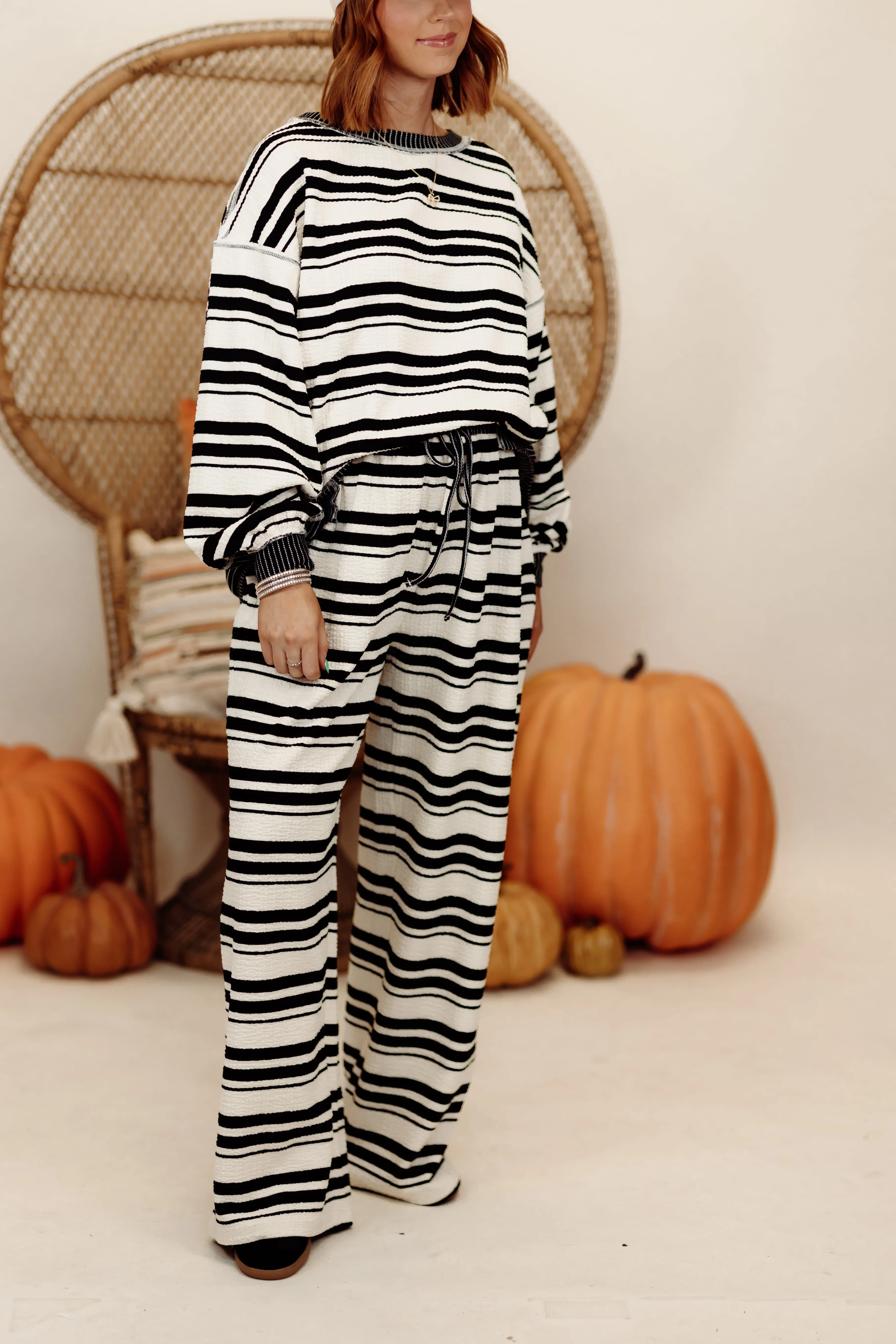 Black and Cream Mixed Stripe Pullover and Wide Leg Pant Set