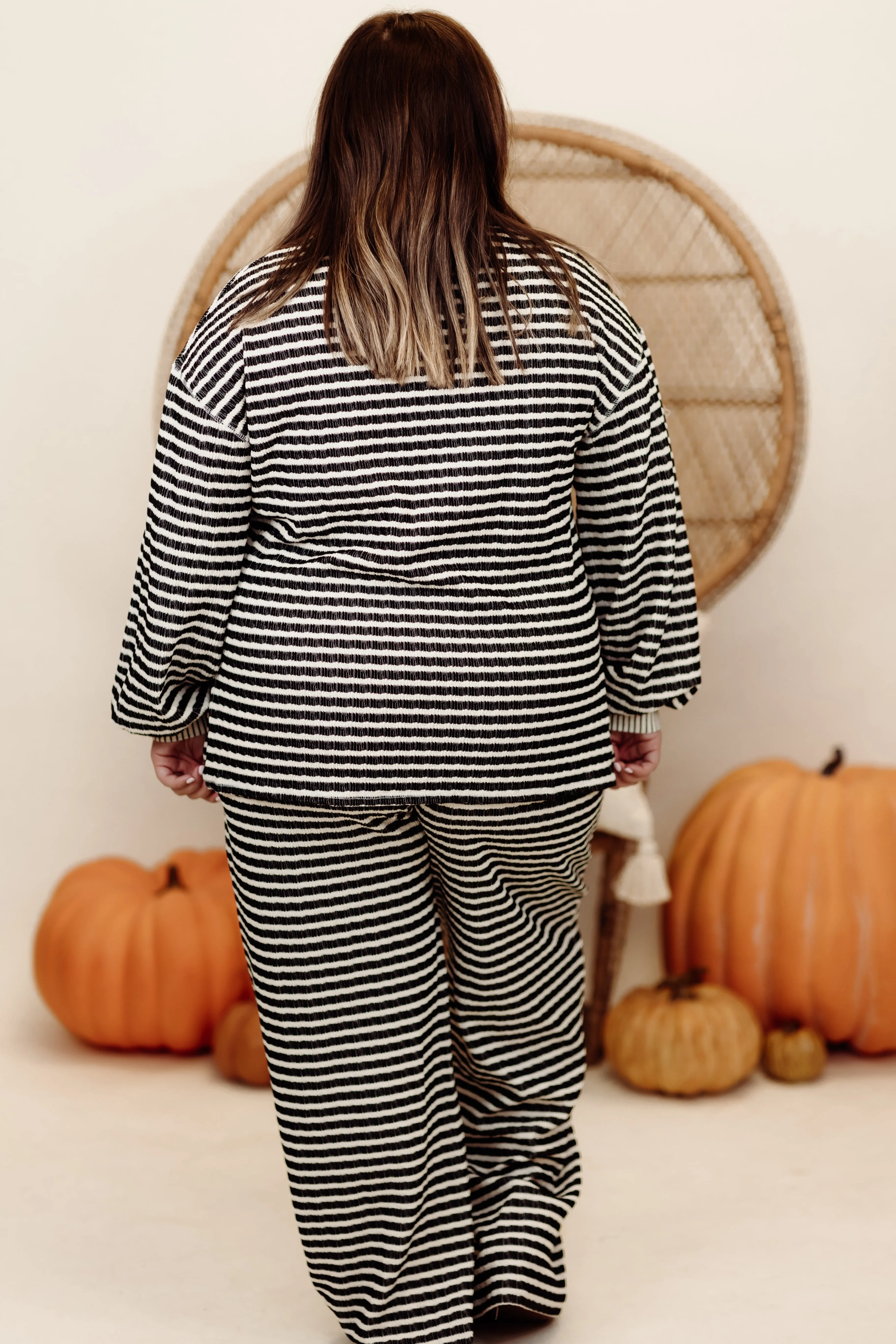 Black and Cream Striped Knit Pullover and Wide Leg Pant Set