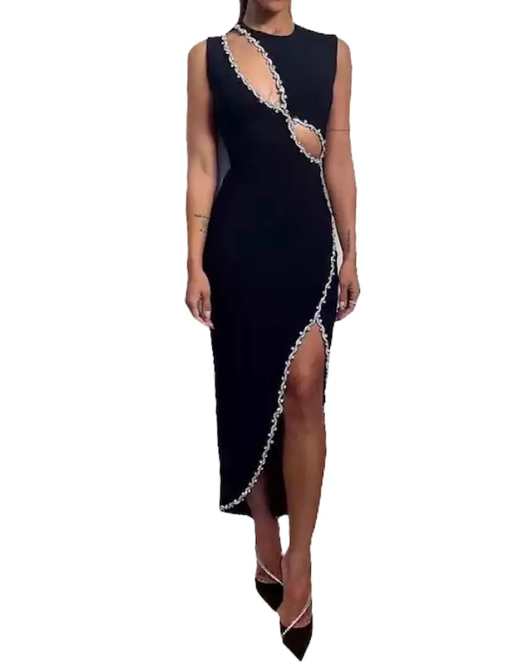 Black Crystal Cutout Midi Dress