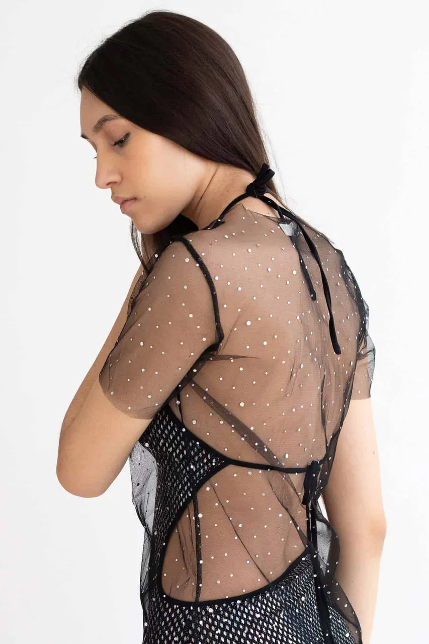 Black Holographic Dots Mesh Dress