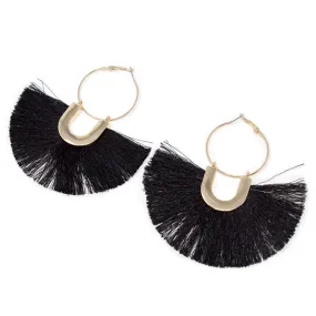 Black Tassel Hoop Earrings Gold Tone