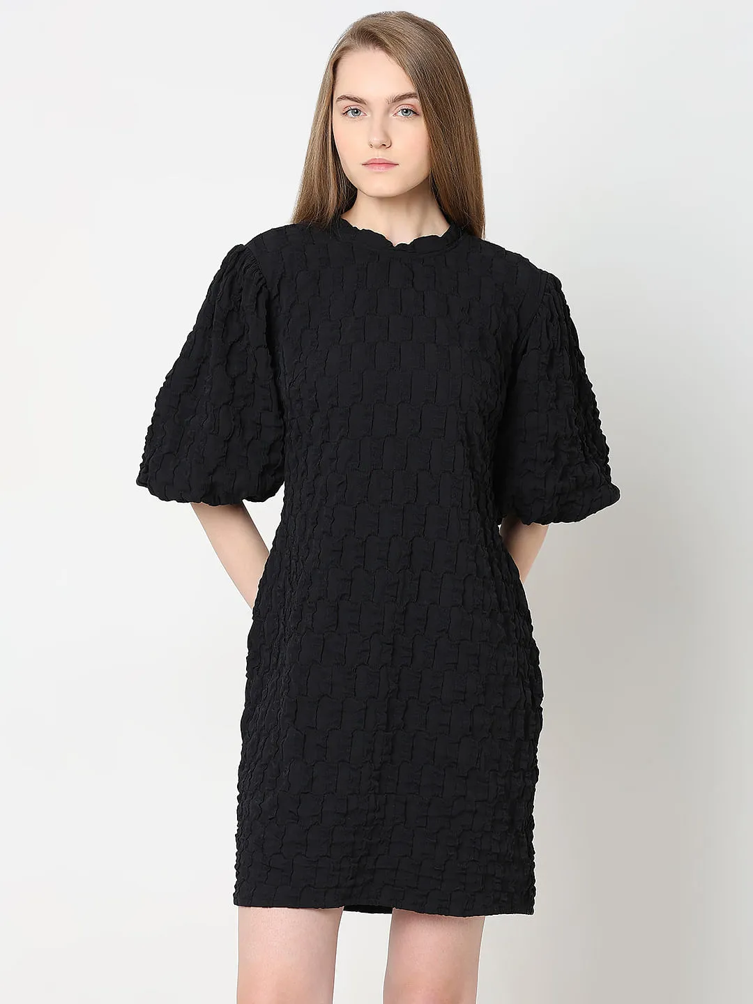 Black Textured Puff Sleeves Dress