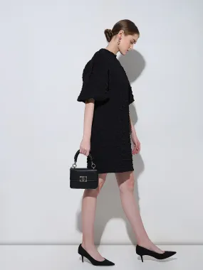 Black Textured Puff Sleeves Dress