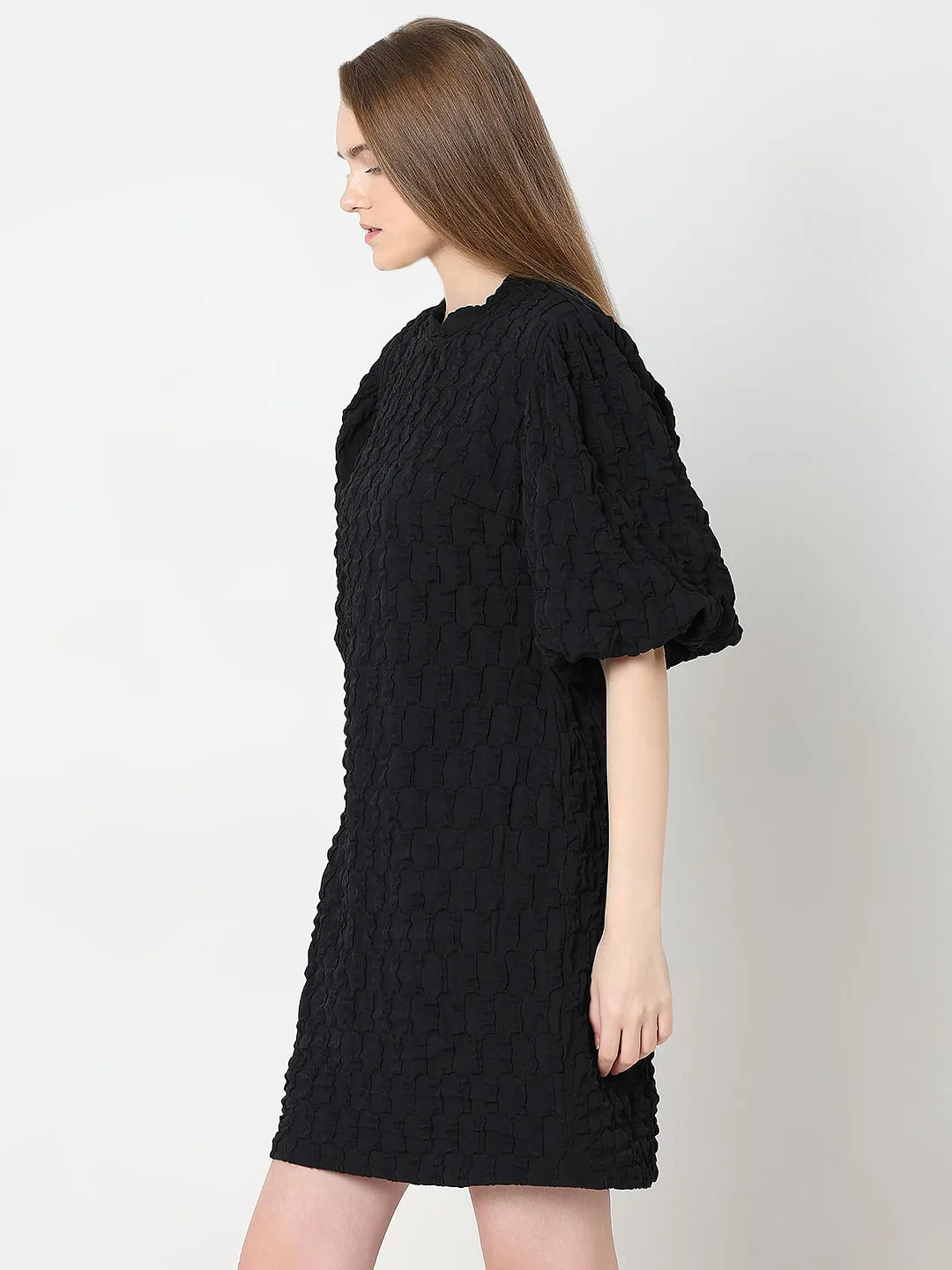 Black Textured Puff Sleeves Dress