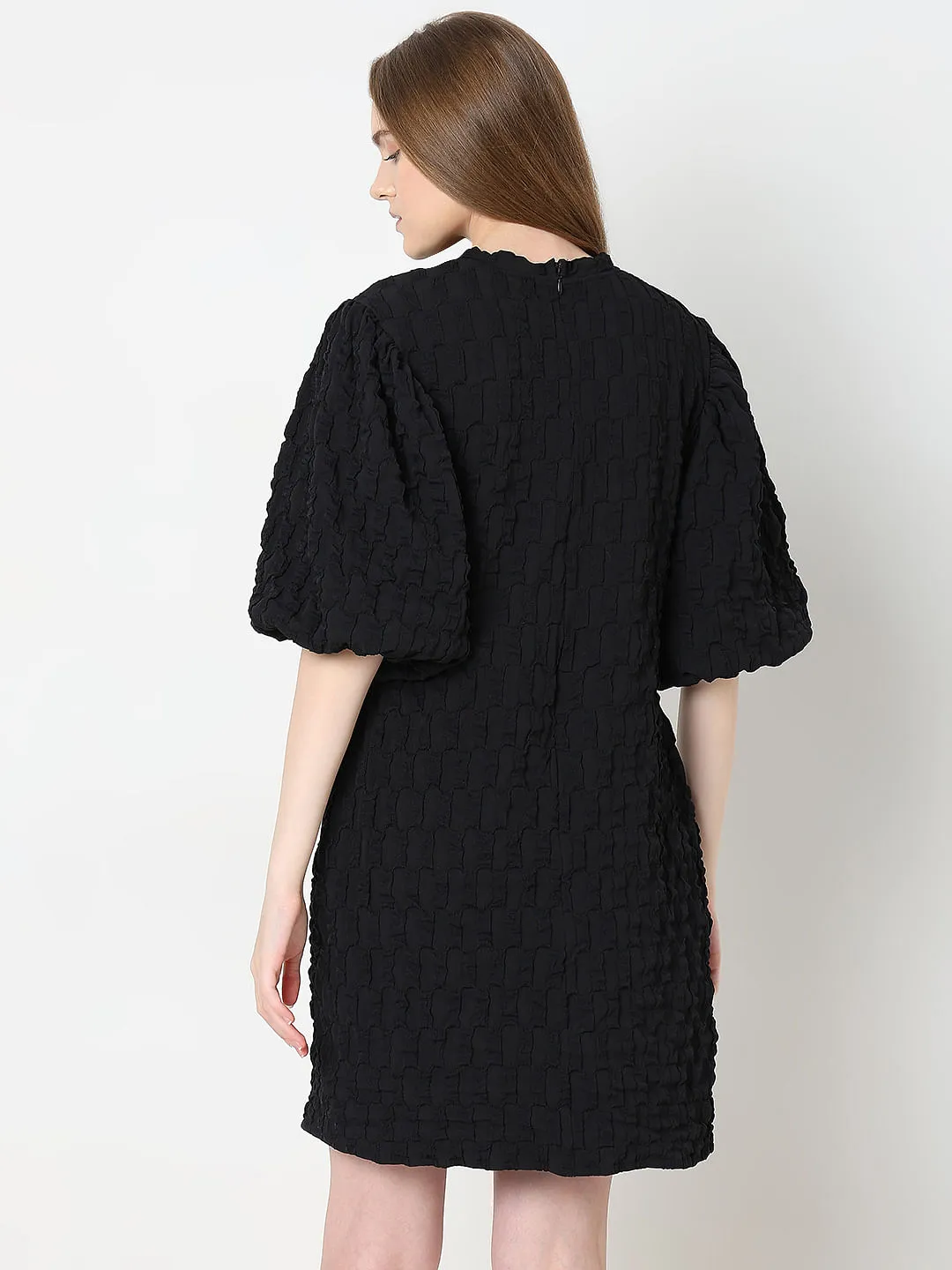 Black Textured Puff Sleeves Dress