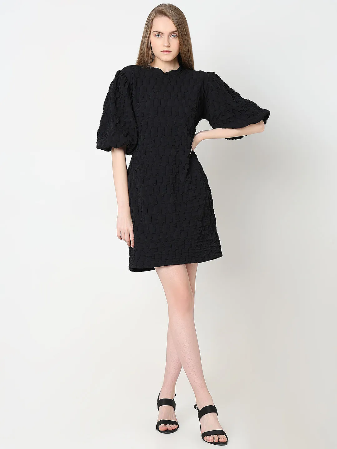 Black Textured Puff Sleeves Dress