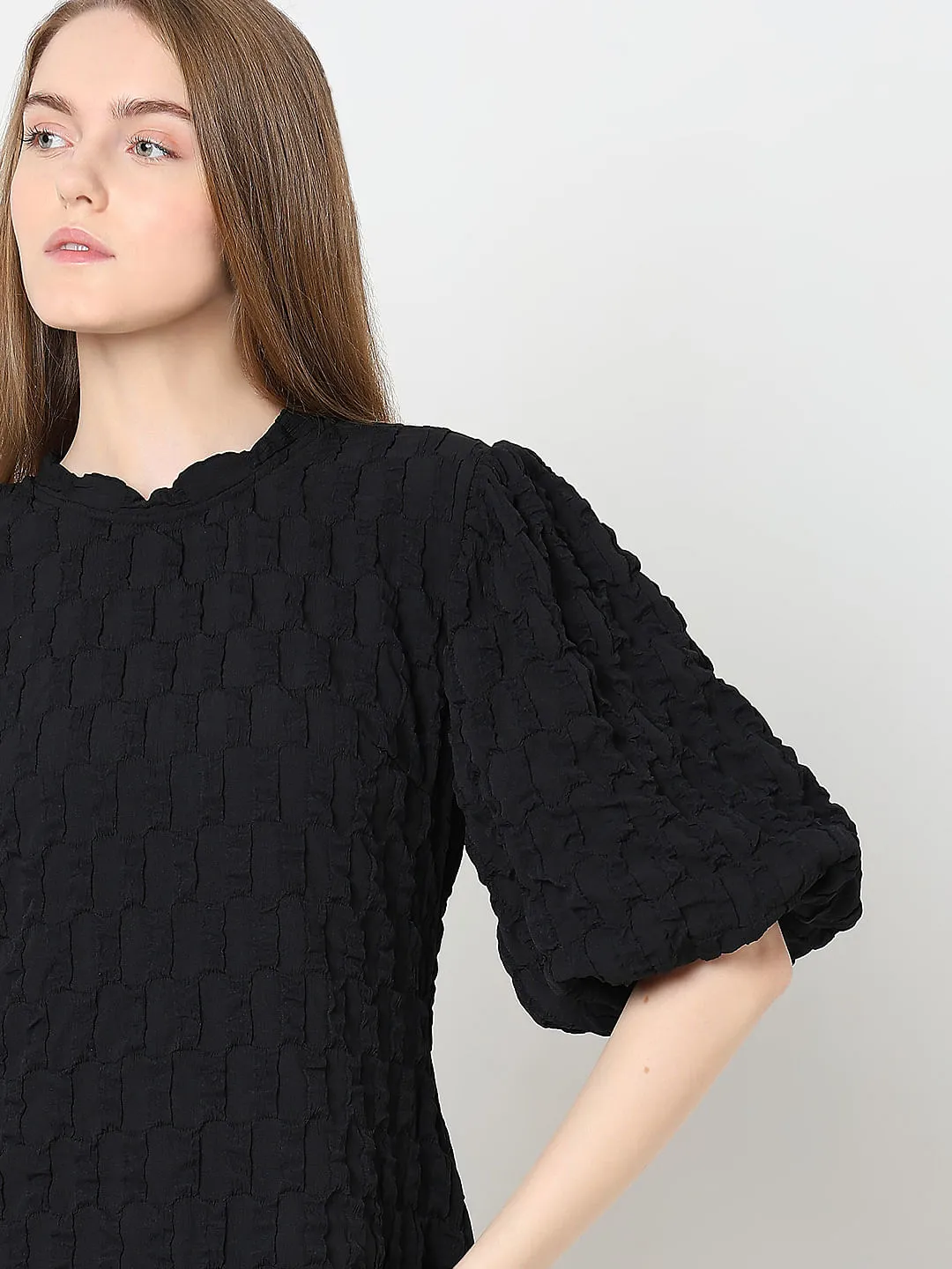 Black Textured Puff Sleeves Dress