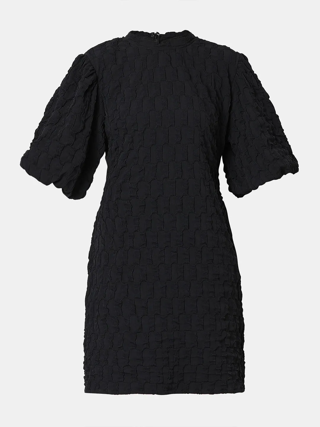 Black Textured Puff Sleeves Dress