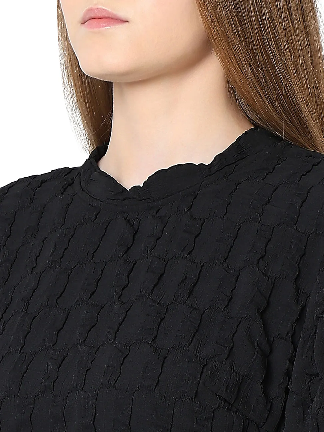 Black Textured Puff Sleeves Dress