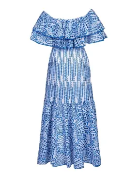 Blue Hollow Printed Ruffle Dress