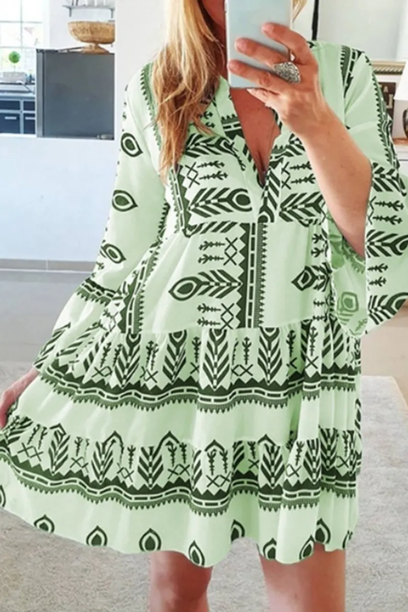 Casual Print Patchwork V Neck Cake Skirt Dresses