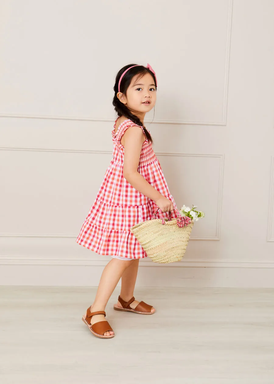 Check Smocked Strappy Dress in Coral (2-10yrs)