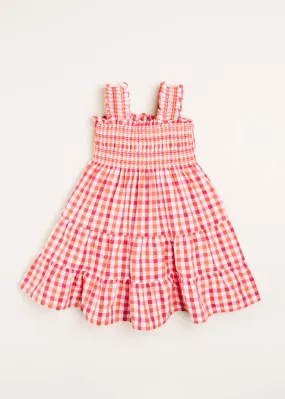 Check Smocked Strappy Dress in Coral (2-10yrs)