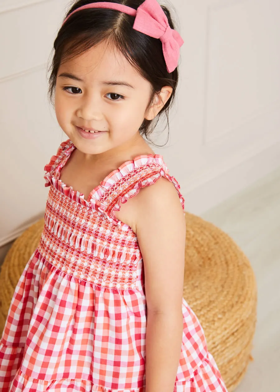 Check Smocked Strappy Dress in Coral (2-10yrs)