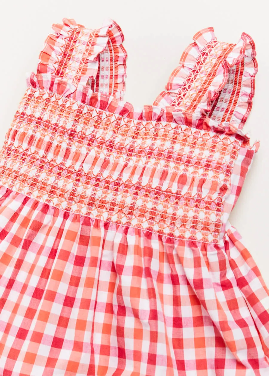 Check Smocked Strappy Dress in Coral (2-10yrs)