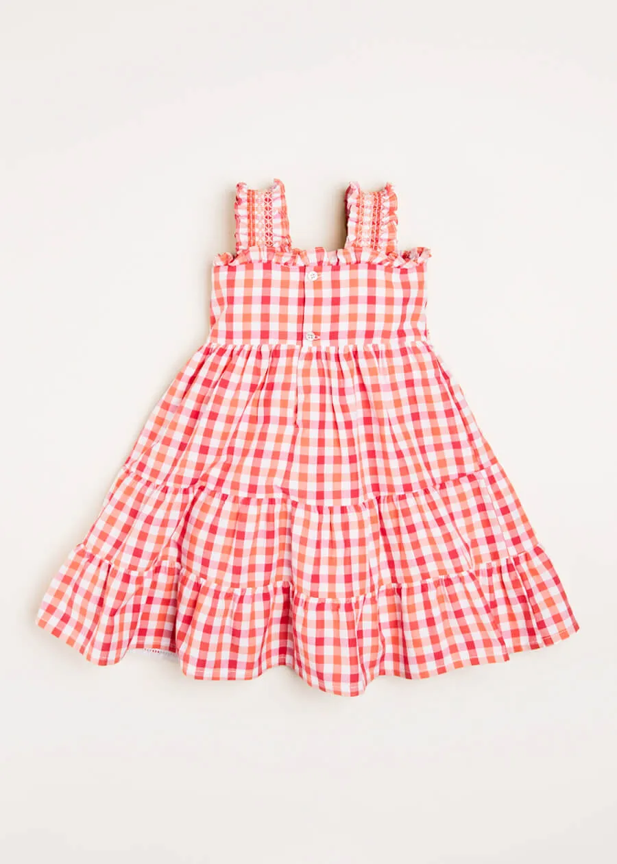 Check Smocked Strappy Dress in Coral (2-10yrs)