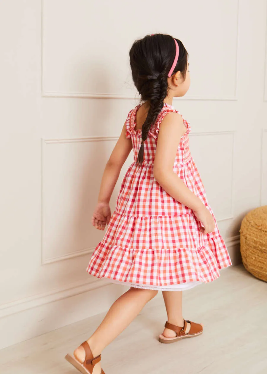 Check Smocked Strappy Dress in Coral (2-10yrs)