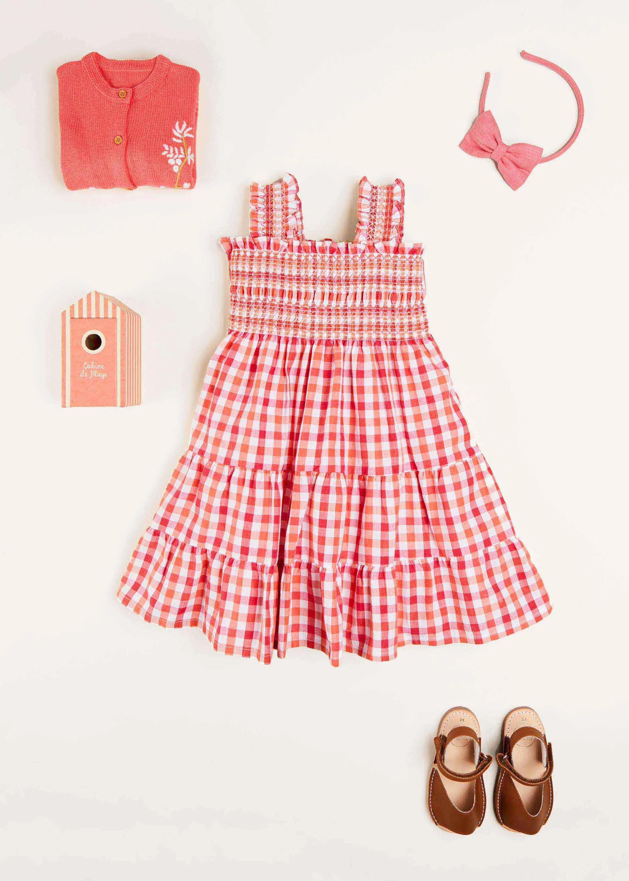 Check Smocked Strappy Dress in Coral (2-10yrs)