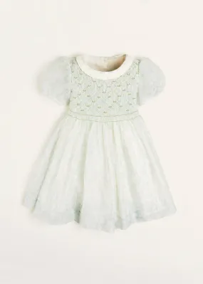 Constance Floral Print Handsmocked Short Sleeve Party Dress in Light Green (2-6yrs)