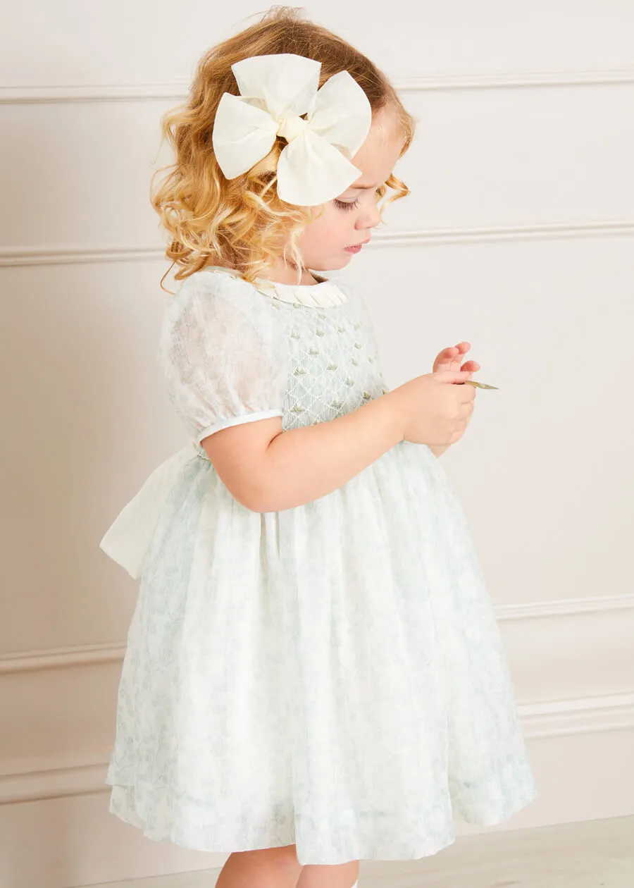 Constance Floral Print Handsmocked Short Sleeve Party Dress in Light Green (2-6yrs)