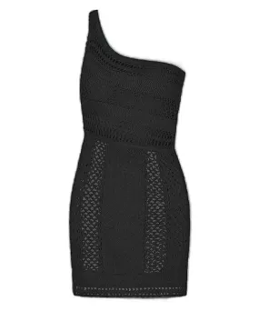 Crochet One Shoulder Mini Dress In Black