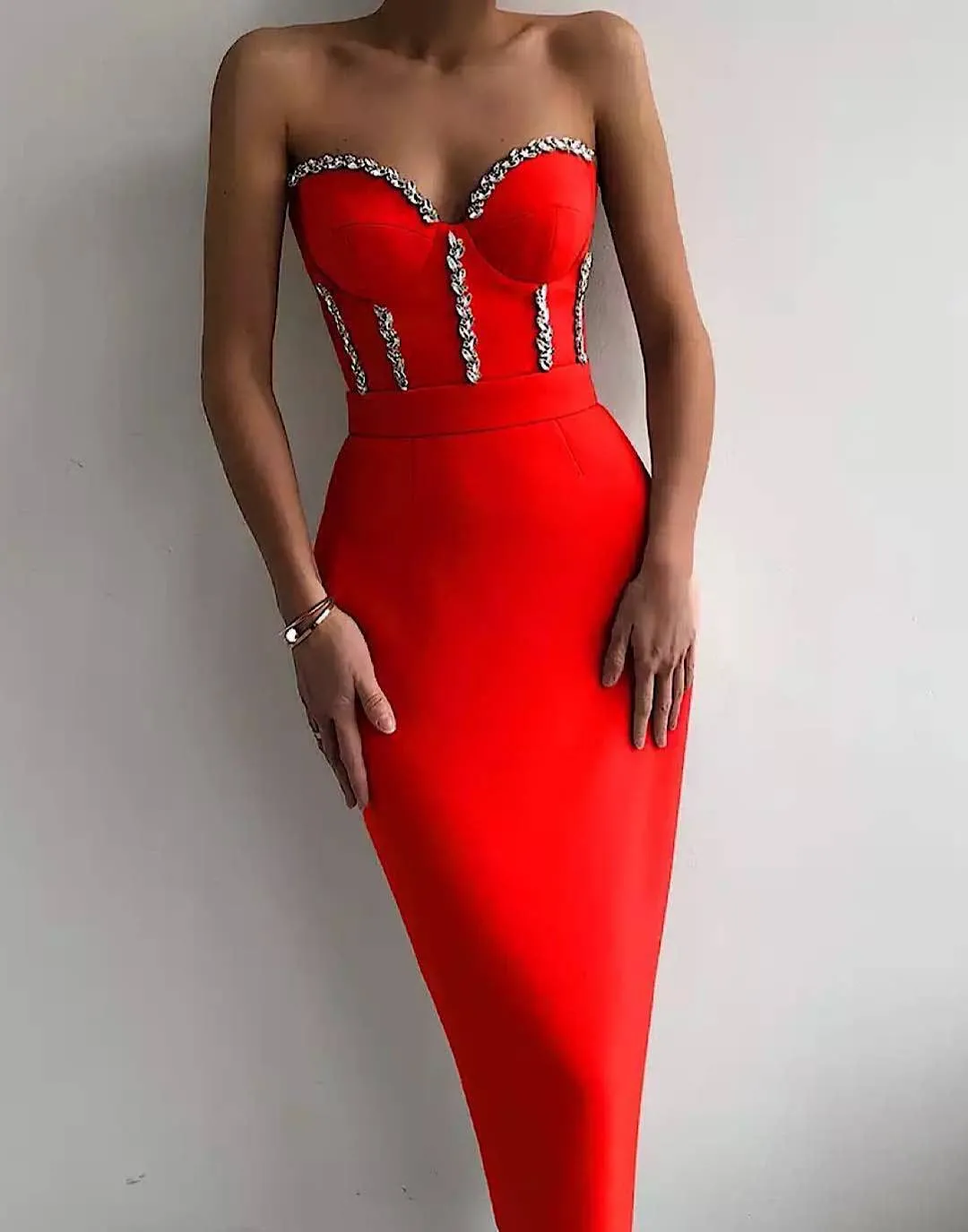 Crystal Beaded Midi Bandage Dress