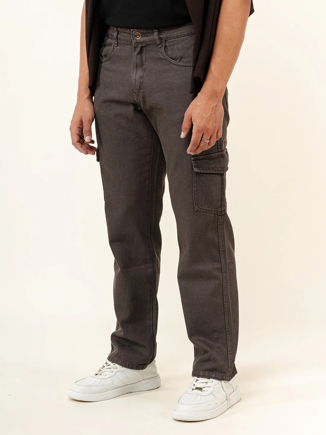 Dark Mauve Straight Fit Men's Cargo Denim Jeans