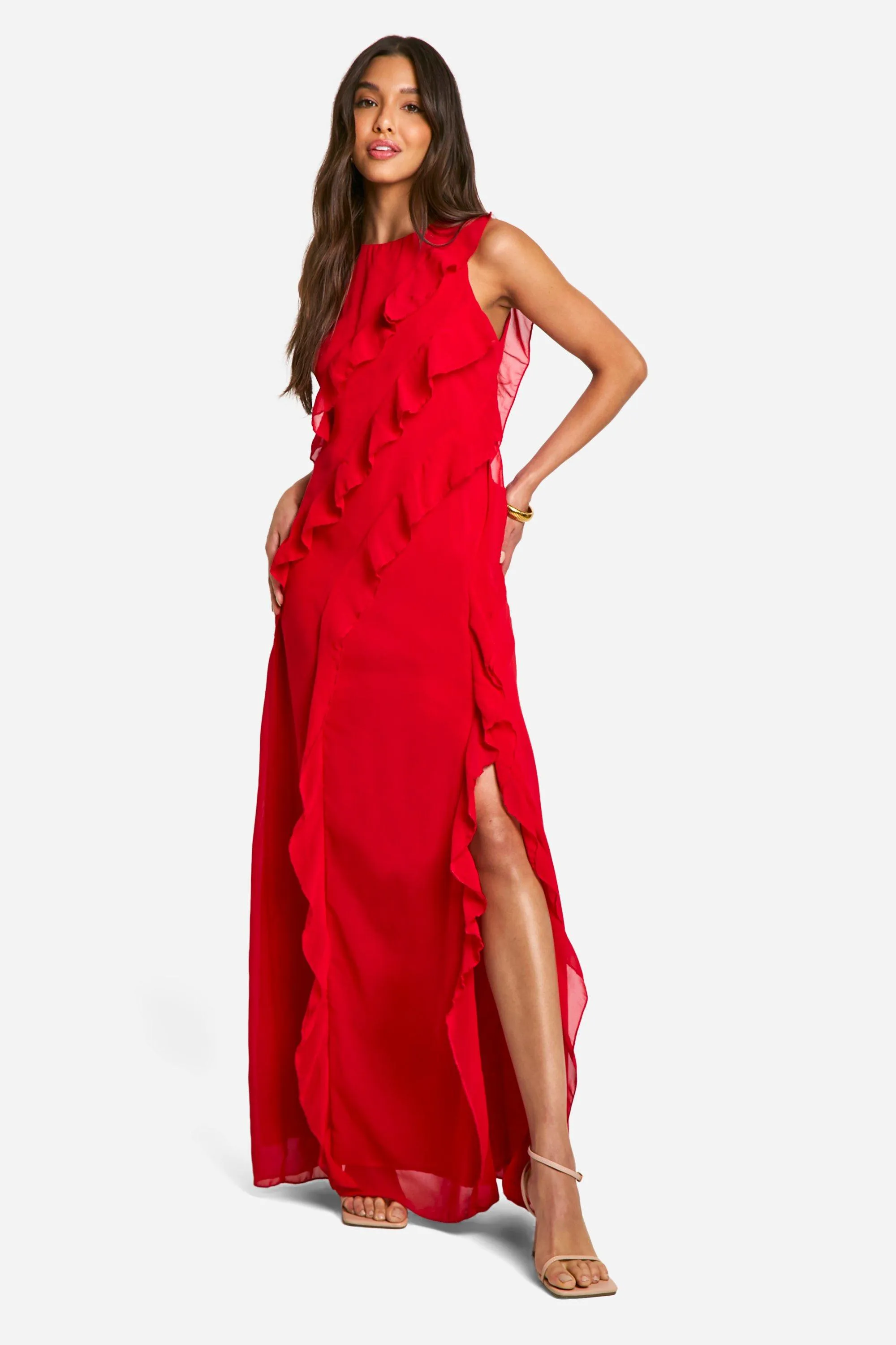 Dresses | Chiffon Ruffle Split Maxi Dress | boohoo