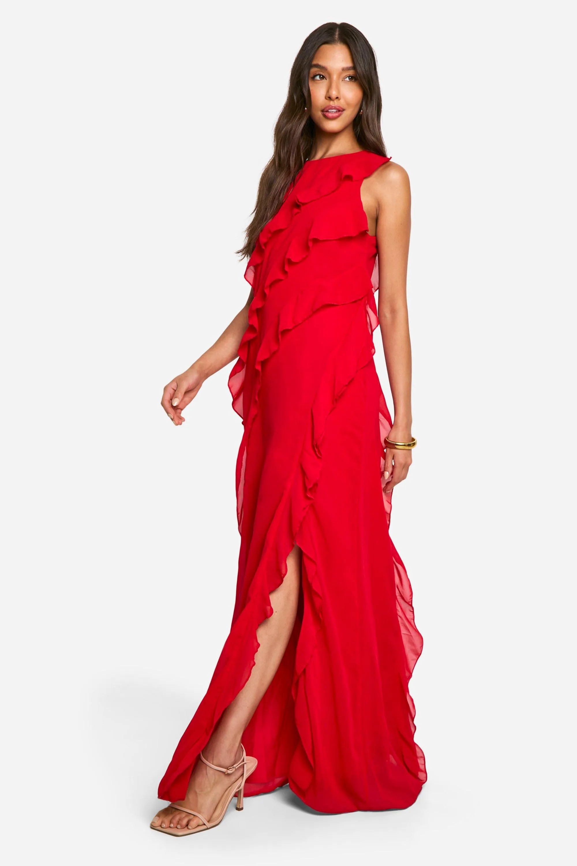 Dresses | Chiffon Ruffle Split Maxi Dress | boohoo