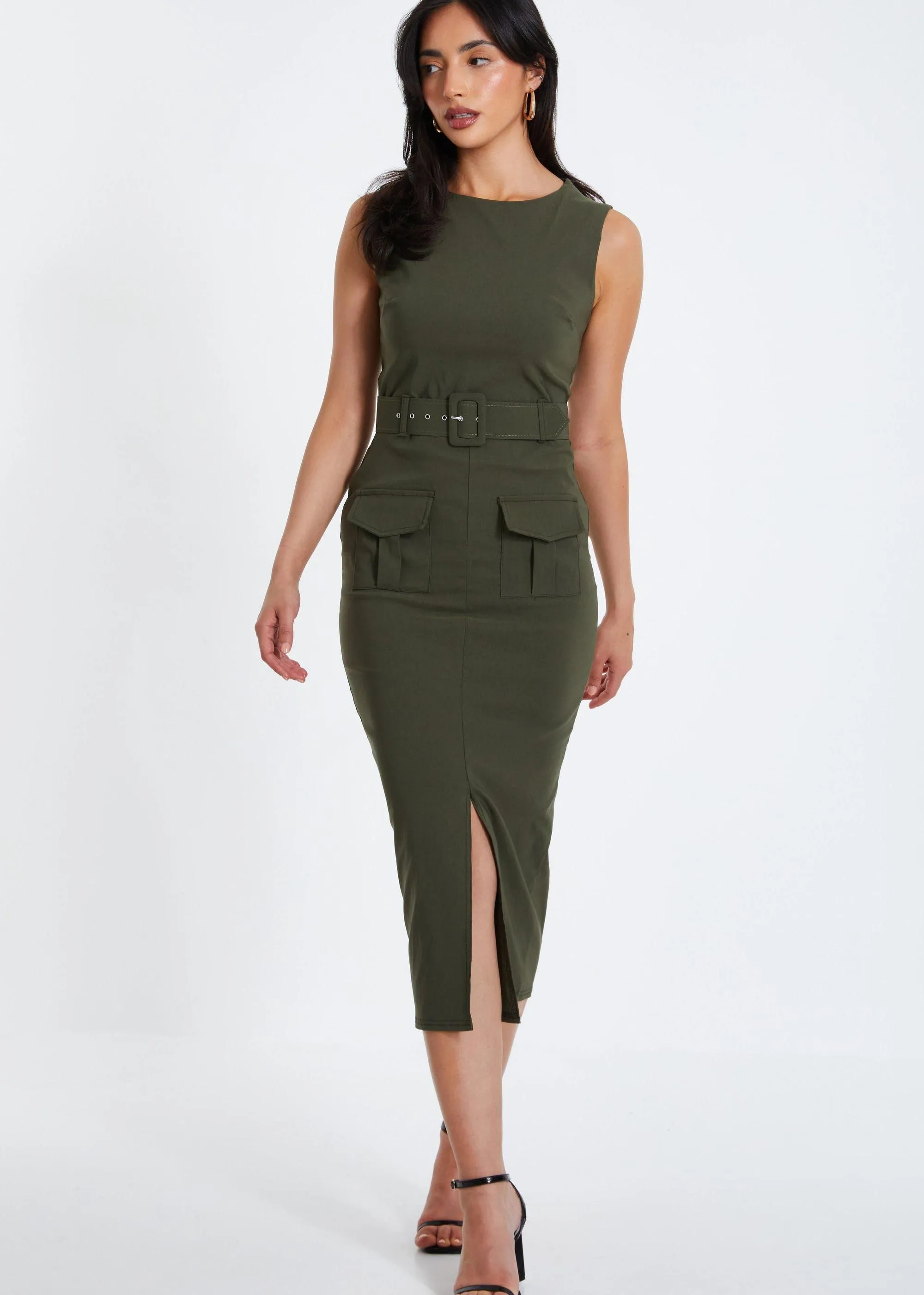 Dresses | Khaki Cargo Split Front Midi Dress | Quiz