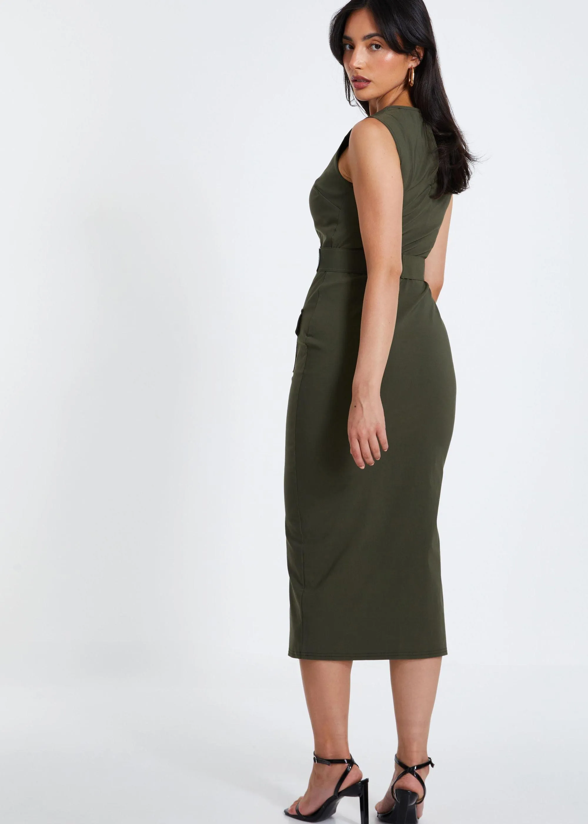 Dresses | Khaki Cargo Split Front Midi Dress | Quiz